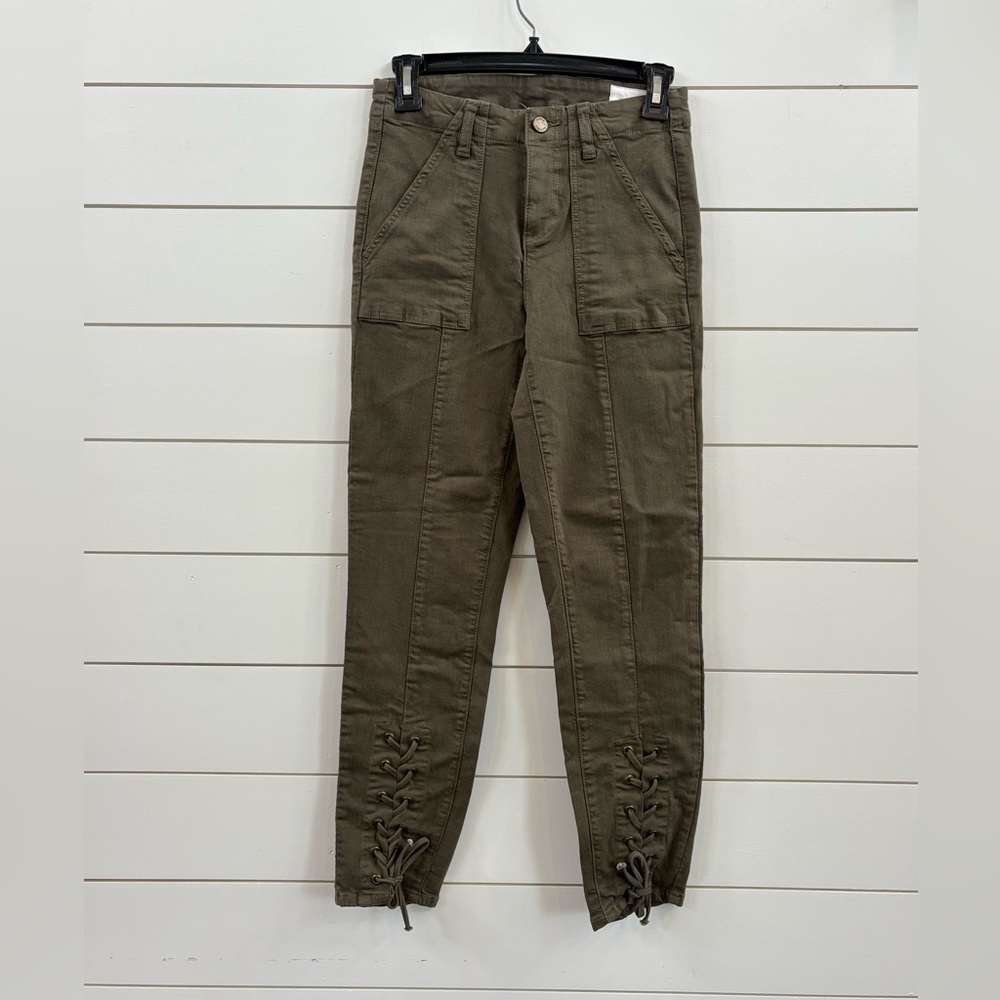 Vince Camuto Olive Green Straight-Leg Utility Jeans with Ankle Lace-Up